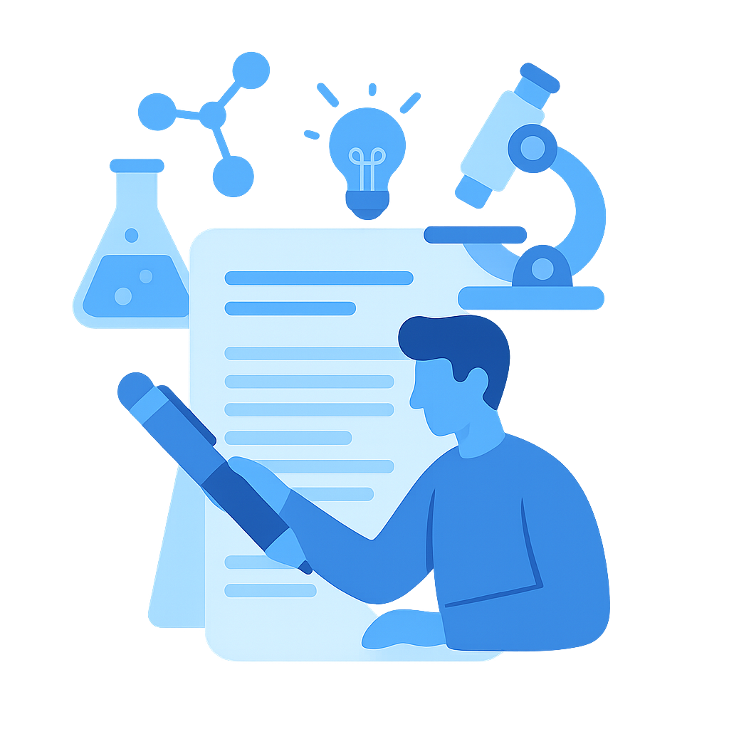Ilustración azul sobre redacción de artículos científicos en España con laptop, microscopio y gráficos académicos.