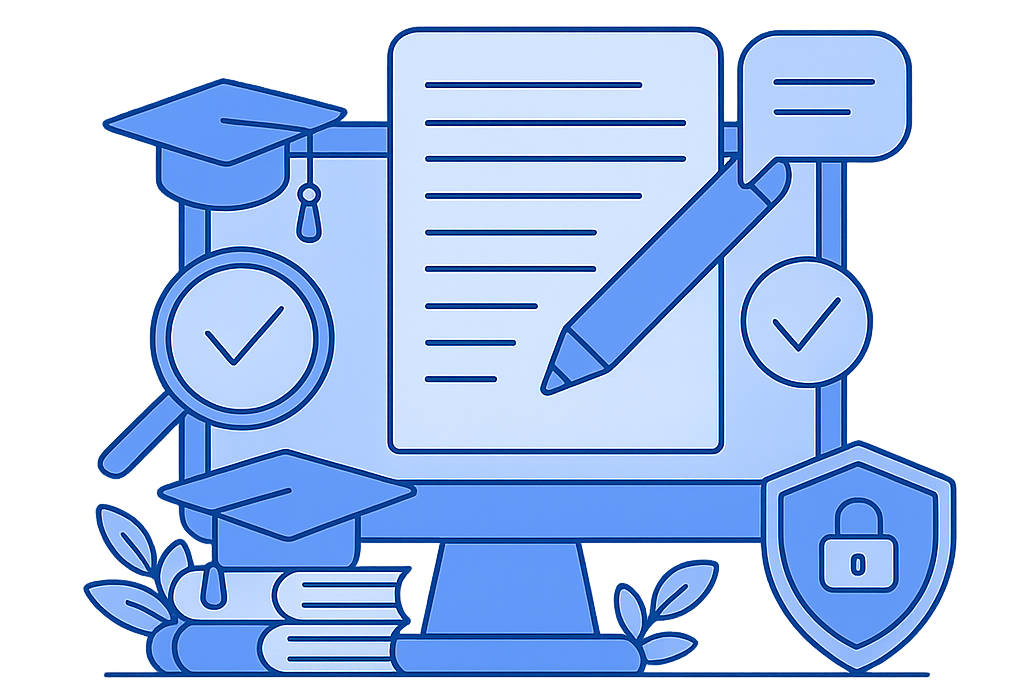 Corrección de TFG y TFM en España – Revisión académica profesional Ilustración en color azul sobre la corrección profesional de TFG y TFM en España, con un estudiante revisando su trabajo y un ordenador portátil.