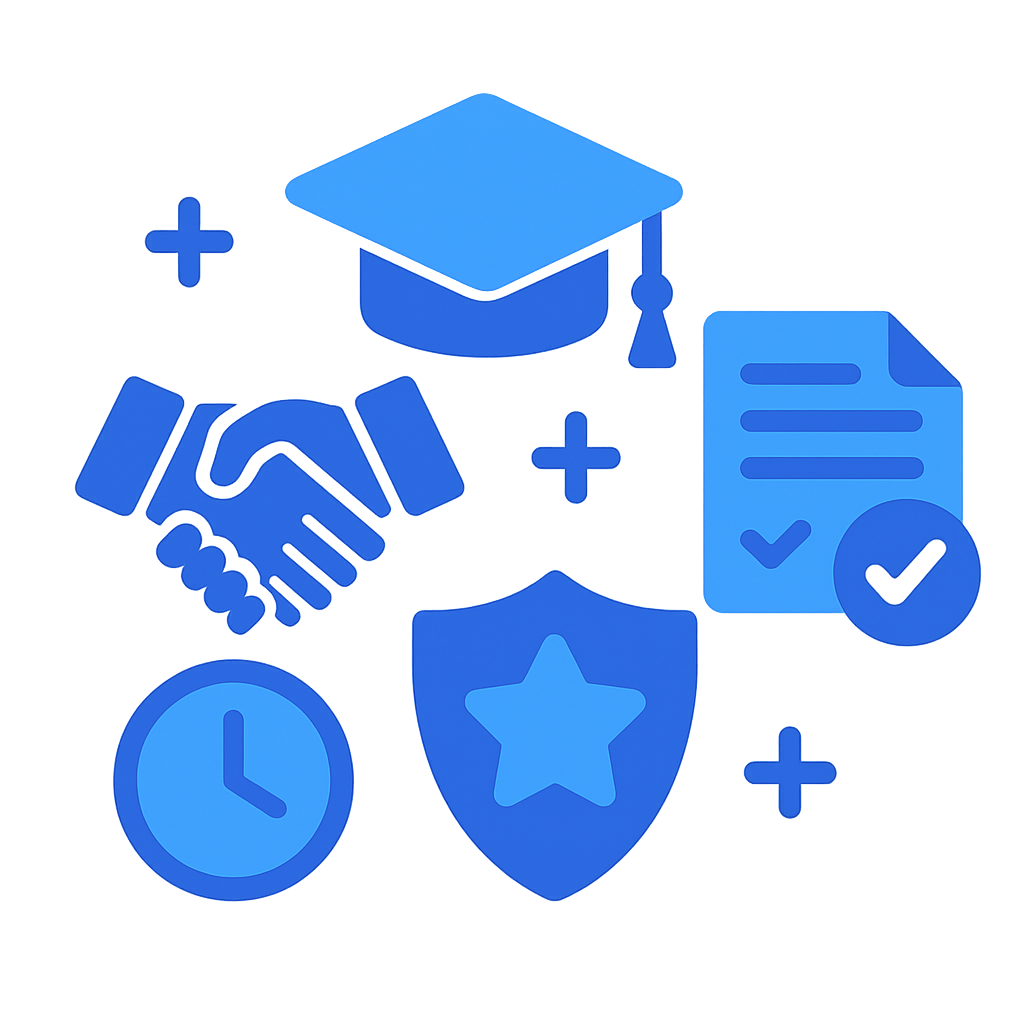 Ventajas del servicio profesional de redacción de informe de prácticas Ilustración azul sobre fondo transparente con símbolos académicos que reflejan las ventajas del servicio de redacción de informes de prácticas en España.