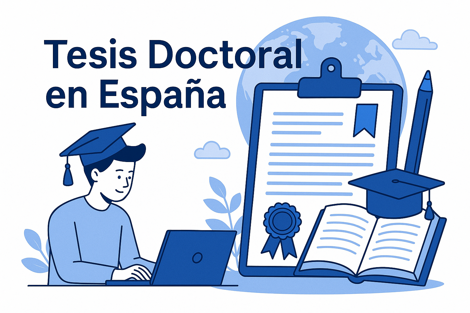 Ilustración en tonos azules que representa la redacción de una tesis doctoral en España con libros, birrete y diploma sobre fondo transparente.